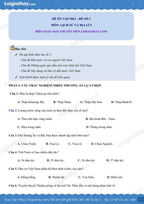 Đề kiểm tra học kì 1 Lịch sử và Địa lí 5 - Đề số 2